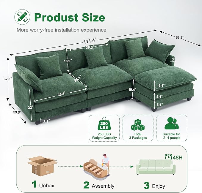 111.4" L-Shaped Cloud Chenille Sectional with Reversible Chaise, Flexible 3+1 Layout for Large Spaces, Deep Seat and Free Pillows Included