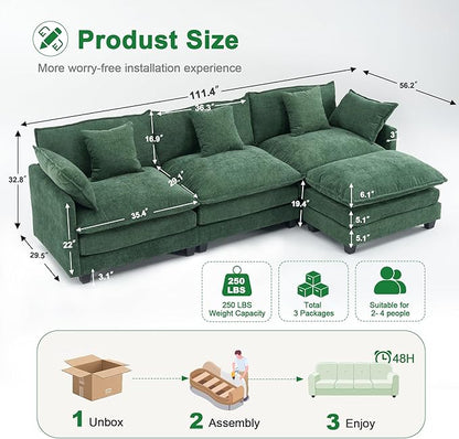 111.4" L-Shaped Cloud Chenille Sectional with Reversible Chaise, Flexible 3+1 Layout for Large Spaces, Deep Seat and Free Pillows Included