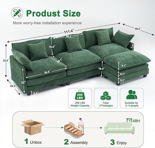 111.4" L-Shaped Cloud Chenille Sectional with Reversible Chaise, Flexible 3+1 Layout for Large Spaces, Deep Seat and Free Pillows Included