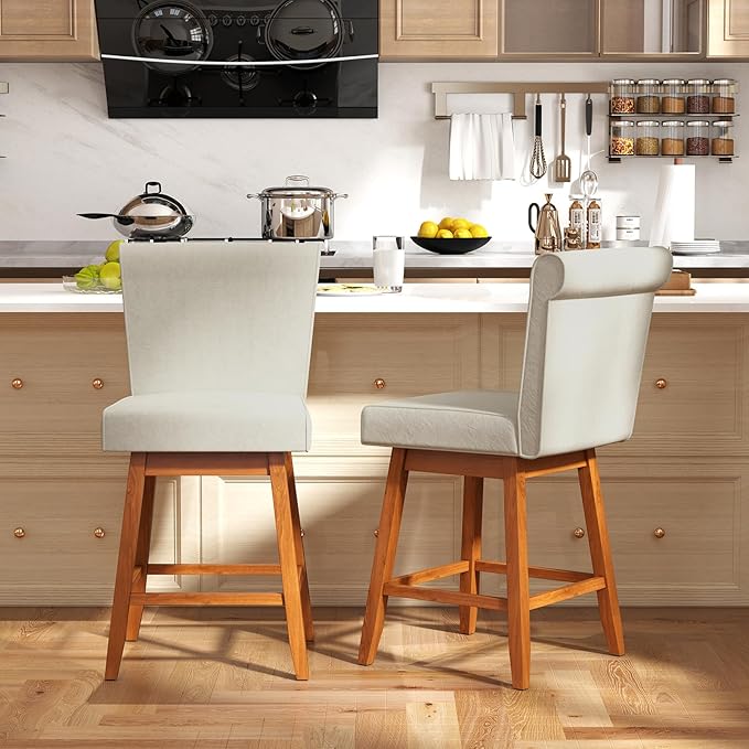 COSTWAY Swivel Bar Stools Set of 2, 27" Counter Height Bar Chairs with Rubber Wood Legs, Upholstered Linen Barstools with Back & Cushioned Seat, for Kitchen Island, Home, Beige (2,Beige)