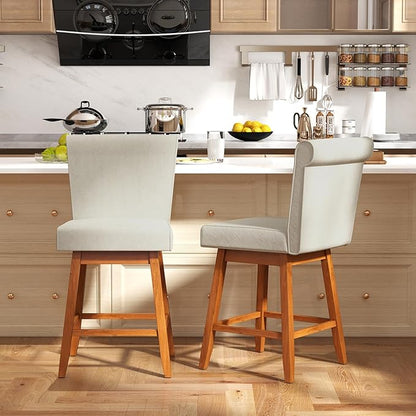 COSTWAY Swivel Bar Stools Set of 4, 27" Counter Height Bar Chairs with Rubber Wood Legs, Upholstered Linen Barstools with Back & Cushioned Seat, for Kitchen Island, Home, Beige
