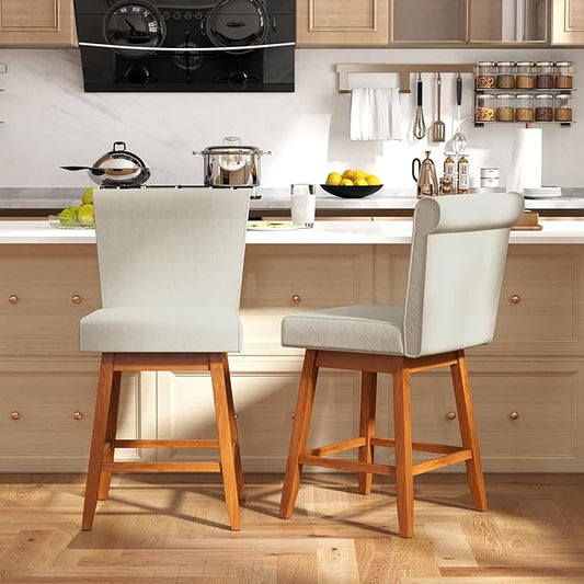 COSTWAY Swivel Bar Stools Set of 4, 27" Counter Height Bar Chairs with Rubber Wood Legs, Upholstered Linen Barstools with Back & Cushioned Seat, for Kitchen Island, Home, Beige