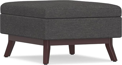 SIMPLIHOME Owen 34 inch Wide Mid Century Modern Rectangle Coffee Table Storage Ottoman in Slate Grey Linen Look Fabric, Assembled, For the Living Room, Entryway and Family Room