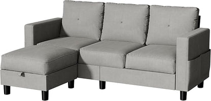 JY QAQA Convertible Sectional Sofa with 3-Seater Sofa, L-Shaped Ottoman Couch with Modern Linen for Apartment, Small Living Room and Small Space (Light Grey)
