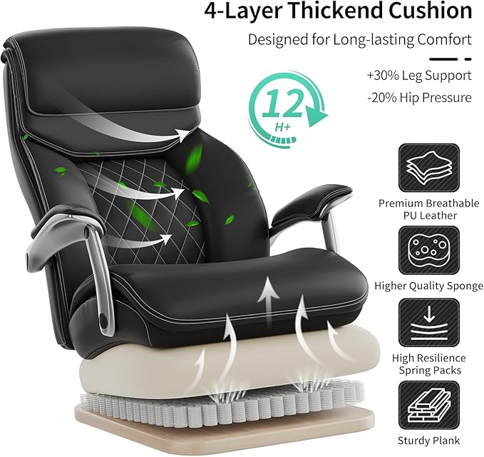 Big and Tall Office Chair with Wide Area Armrest, 600lbs Heavy Duty Desk Chair with Adjustable Lumbar Support, PU Leather High Back Ergonomic Executive Computer Chair with 3'' Silent Casters
