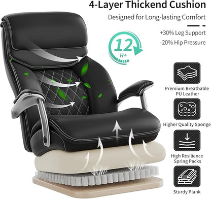 Big and Tall Office Chair with Wide Area Armrest, 600lbs Heavy Duty Desk Chair with Adjustable Lumbar Support, PU Leather High Back Ergonomic Executive Computer Chair with 3'' Silent Casters