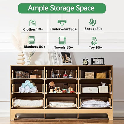 Natural Rattan 9-Drawer Dresser | Modern Bohemian Storage Chest – Includes Anti-Tip Wall Straps & Metal Slides | Versatile Furniture for Bedroom or Living Room