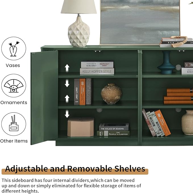 LKTART 64" Buffet Cabinet with Storage, Modern Fluted Accent Sideboard Media Console Credenza with Adjustable Shelves Pressed Spring for Kitchen Living Room,31.5" H (Green)