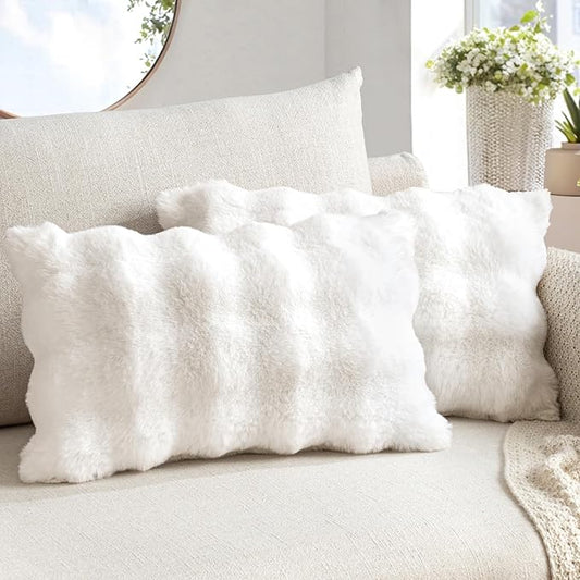 MIULEE Faux Fur Pillow Covers Thick Soft Plush Christmas Lumbar Throw Pillows Luxury Home Decor for Winter Holiday Couch Bedroom Living Room Sofa,12x20 Inch Pack of 2 White