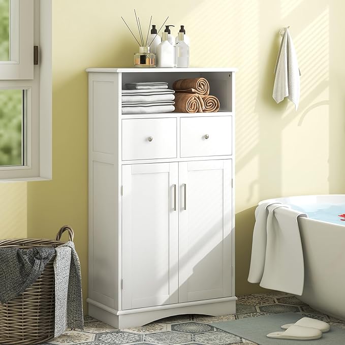 Giantex Bathroom Floor Storage Cabinet - Freestanding Storage Cabinet with 2 Doors, 2 Drawers, 2 Adjustable Shelves, Storage Organizer for Living Room, Bathroom, Kitchen, Hallway Cabinets (White)