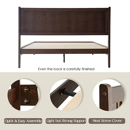 Queen Size Bed Frame with Headboard & Footboard, Solid Wood Platform Bed, Central Metal Legs, 12 Sturdy Slats, Under Bed Storage, Easy Assembly, Noise-Free & Anti-Slip, Dark Roast Oak Finish, OLQ-32