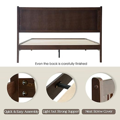 Queen Size Bed Frame with Headboard & Footboard, Solid Wood Platform Bed, Central Metal Legs, 12 Sturdy Slats, Under Bed Storage, Easy Assembly, Noise-Free & Anti-Slip, Dark Roast Oak Finish, OLQ-32