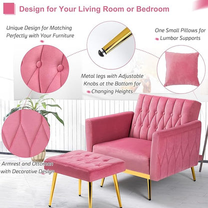 Velvet Accent Chair with Adjustable Armrests and Backrest, Button Tufted Lounge Chair, Single Recliner Armchair with Ottoman and Pillow for Living Room, Bedroom, Pink