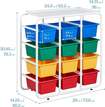 ECR4Kids 4-Tier Storage Rack with 12 Cubby Bins 4x3, Multipurpose Organization, Primary