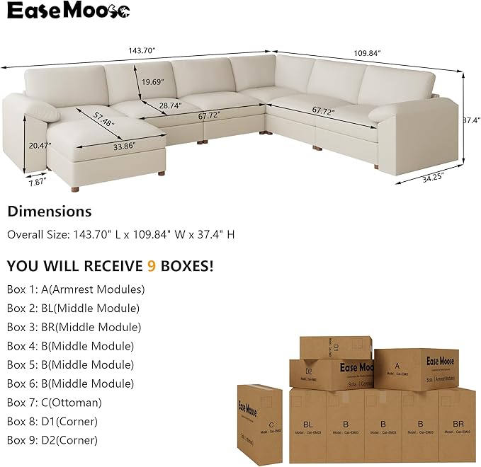 EASE MOOSE Faux Leather Sectional with Ottoman, Oversized Modular Couch, Modular Sectional Sofa with Deep Seat, Scratch Resistant Faux Leather Material, U Shaped Couch for Big Spaces, Beige