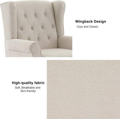 Accent Chair, Upholstered Armchair with Button Tufted High Back & Solid Wood Legs, Comfy Wingback Reading Single Sofa Chair for Small Spaces, Living Room, Bedroom (Beige, Set of 1)