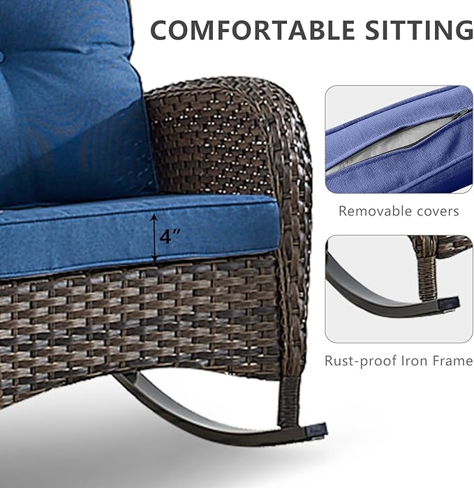 HUMMUH 5 Pieces Wicker Patio Furniture Set,Outdoor Rocker Chairs,Patio Ottomans,Glass Top Side Table,Outdoor Conversation Set for Porch Deck Backyard Poolside