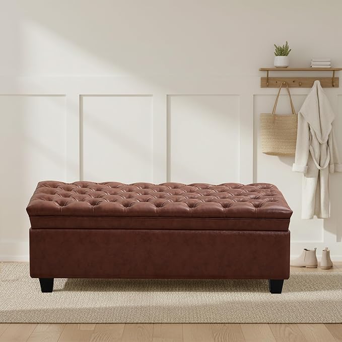 50" Faux Leather Storage Ottoman Bench, Rectangular End of Bed Storage Bench, Upholstered Large Tufted Ottoman with Storage for Living Room, Bedroom, Entryway,Light Brown