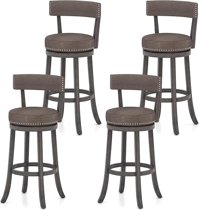 COSTWAY Bar Stools Set of 4, Upholstered Farmhouse Bar stools with Cushioned Seat & Backrest, Solid Wood Legs, Footrest, 31” Bar Height Swivel Stools for Kitchen Island, Pub (4, 31'' Seat Height)