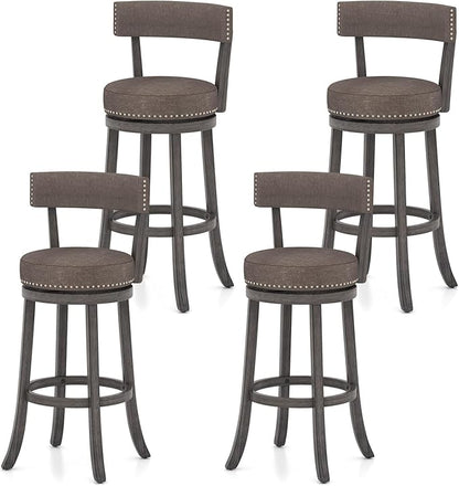 COSTWAY Bar Stools Set of 4, Upholstered Farmhouse Bar stools with Cushioned Seat & Backrest, Solid Wood Legs, Footrest, 31” Bar Height Swivel Stools for Kitchen Island, Pub (4, 31'' Seat Height)