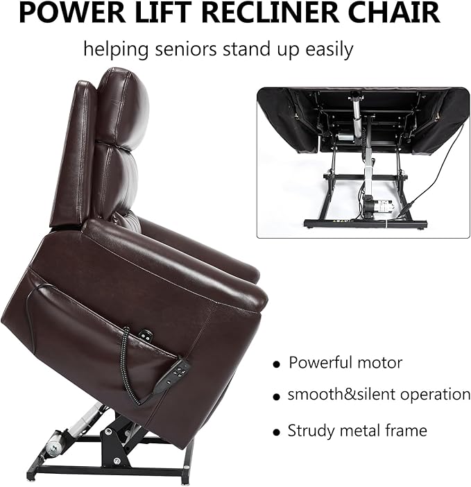 PELUMY Power Lift Recliner Chair for Elderly with Massage and Heat, Dual Motor Heavy Duty 350lbs Recliner, 8-Point Vibration & Lumbar Heating, Electric Lift Chair (Breathable Leather, Dark Brown)