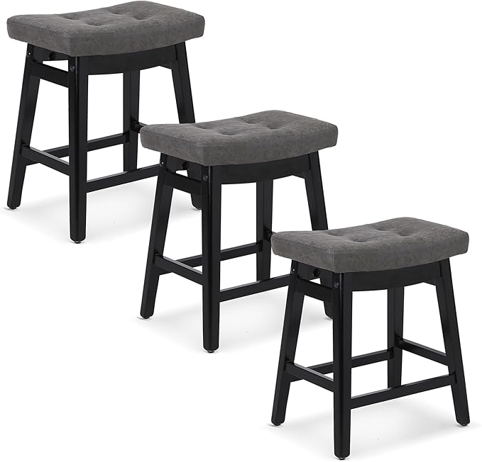 Counter Height Bar Stools Set of 3 for Kitchen Counter Farmhouse Modern Barstools with Faux Leather Upholstered Backless Seat and Solid Wood Legs 24 inch Bar Chairs, Grey + Black