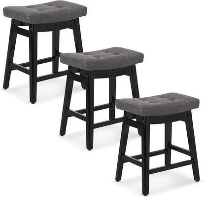 Counter Height Bar Stools Set of 3 for Kitchen Counter Farmhouse Modern Barstools with Faux Leather Upholstered Backless Seat and Solid Wood Legs 24 inch Bar Chairs, Grey + Black