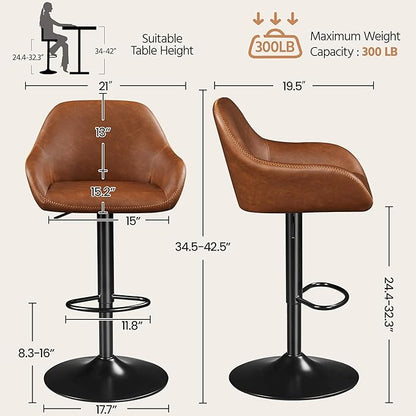 Yaheetech Bar Stools Set of 4, PU Leather Swivel Counter Height Barstools, Adjustable Bar Chairs with Backrest and Footrest, Kitchen Island Stool for Home Kitchen, Retro Brown