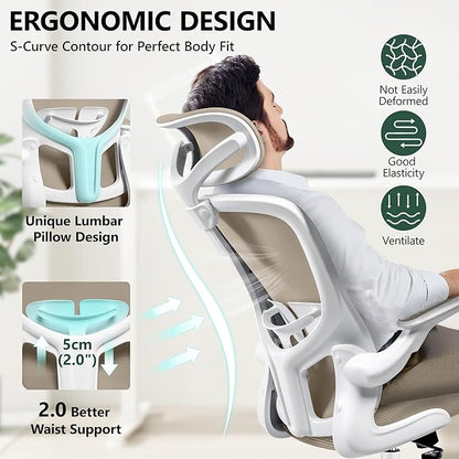 FelixKing Ergonomic Office Desk Chair with Headrest, Wheels, Adjustable Lumbar Support and Height, Swivel Comfy Task Chair with Flip-up Armrests, Ergo Mesh Backrest for Working (Khaki)