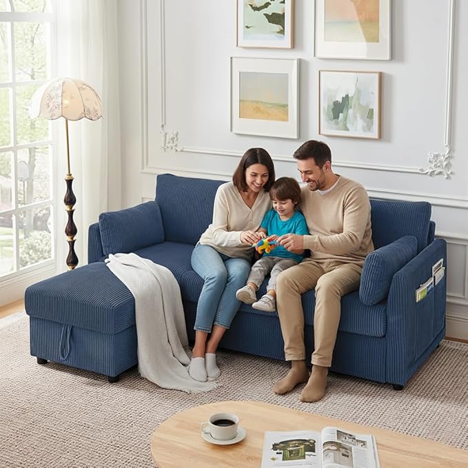 79" L Shaped Couch with Storage Ottoman, 3 Seater Corduroy Sofa with 2 Pillows and Storage Pockets, Small Modern Couches for Living Room, Apartment, Small Spaces, Home Office, Navy Blue