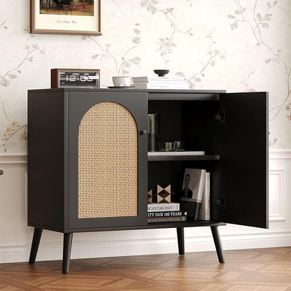 Rattan Storage Cabinet, 2-Door Boho Sideboard in Black, Adjustable Shelf, Elegant Rattan Buffet Cabinet with Storage for Stylish Home Organization 31.5" Black