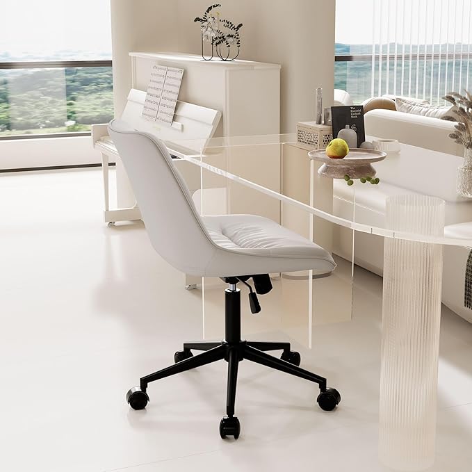 Rowill Leather Office Chair, Ergonomic Armless Desk Chair with Waterproof Cushion & Slient Wheels & SGS-Certified Class 3 Explosion-Proof Gas Lift, Ideal for Home Office, Study and Vanity(White)