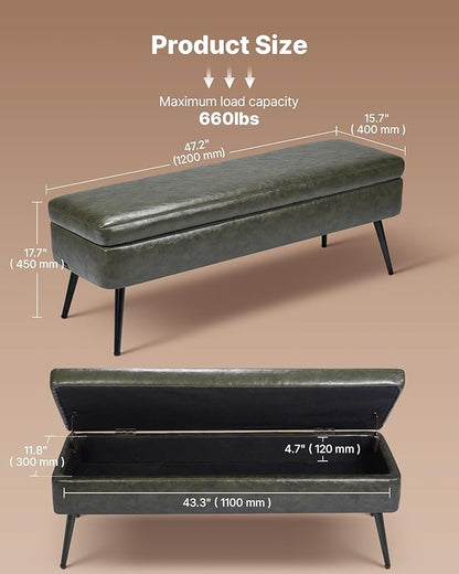 VEVOR Leather Storage Ottoman Bench, PU Leather Bench with Storage and Metal Legs, Modern Shoe Benches Seat for Entryway, Upholstered End of Bed Benches for Living Room, Dining Room, Hallway, Green