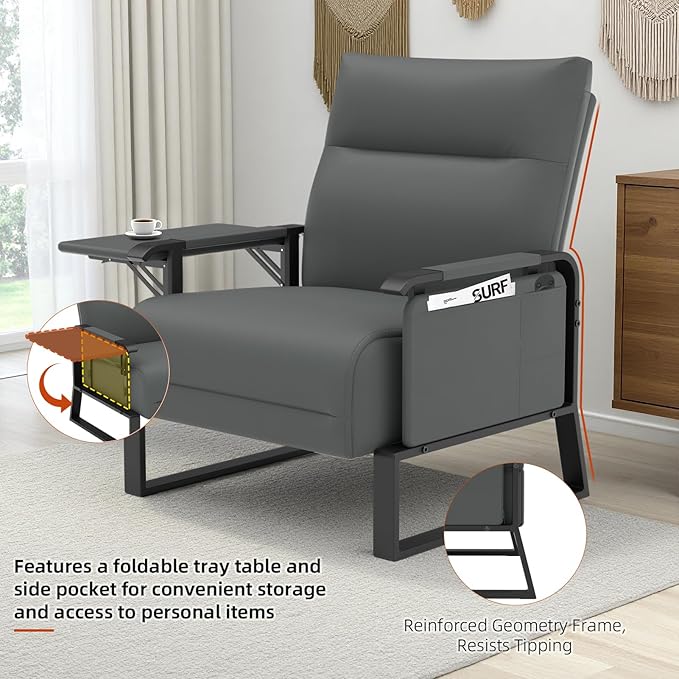 Upholstered Accent Chairs Set of 2, Modern Faux Leather Sofa Chairs with Foldable Side Tray Table & Storage Pocket, Small Accent Sofas for Living Room, Bedroom, Gray
