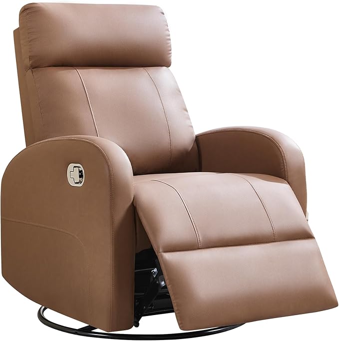 Swivel Rocker Recliner Chair, Manual Faux Leather Recliner, Glider Rocking Recliners 360°Swivel Nursery Reclining Chairs with Adjustable Headrest Highback for Living Room, Coffee