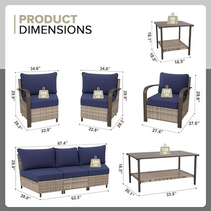COOS BAY Aurora Terrace Half-Moon Outdoor Furniture Set, Rattan Conversation Set with Patio Chairs, Curved 5-Seat Sofa, Coffee Table & Side Table, Seats 7, Beige/Blue
