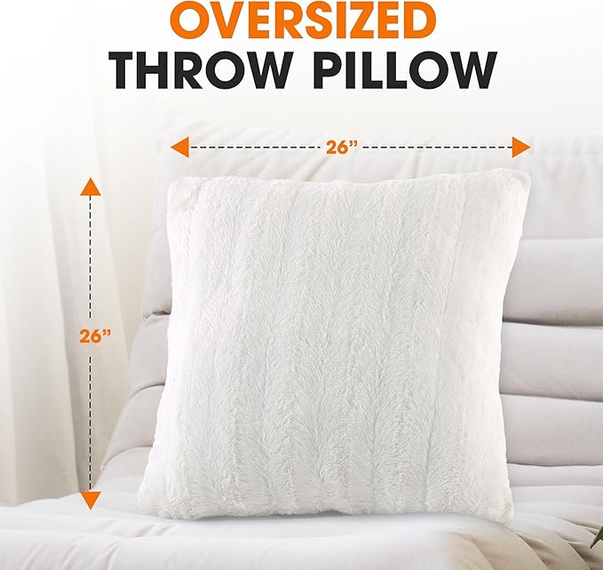 Cheer Collection Faux Fur Throw Pillows - Decorative Pillows for Couch, Bed Throw Pillows, White Accent Pillows for Bedroom or Living Room Aesthetic, Set of 2 Furry Throw Pillows, 26" x 26"