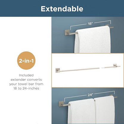 Franklin Brass Nash 4-Piece Bathroom Set Satin Gold 18" Towel Bar Rack w/ 6" Extender, Toilet Paper Holder, Hand Towel Holder, Hook | Bathroom Accessory Set Towel Holder Hardware NASH64-SG