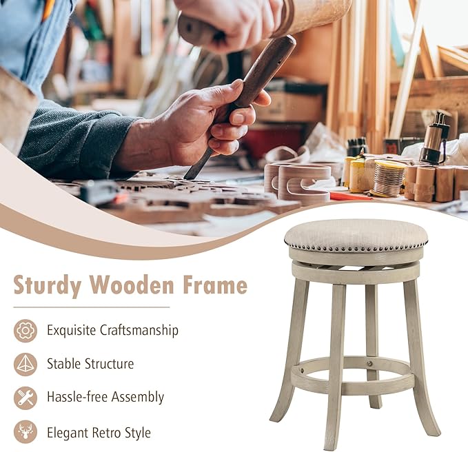 COSTWAY 360° Swivel Bar Stools Set of 2, 26.5-inch Height Upholstered Round Barstools with Wooden Frame, Seat and Footrest, Backless Solid Wood Counter Stools for Kitchen Island Bistro Pub, Beige