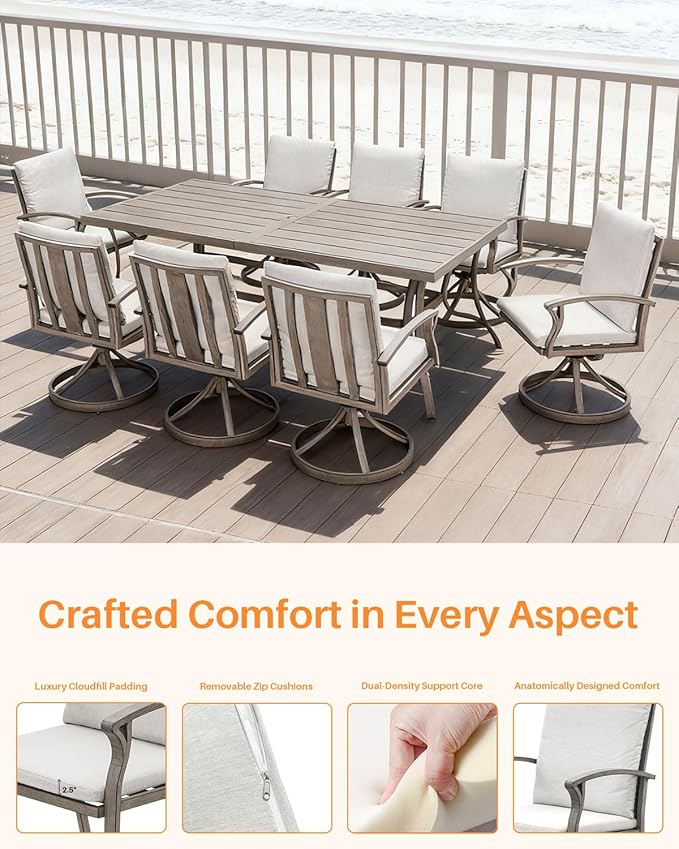 9-Piece Patio Dining Set for 8, Aluminum Outdoor Swivel Dining Set with Cushions, Outdoor Dining Set with Umbrella Hole, Patio Table and Chairs Furniture Sets for Deck, Garden Yard, Limed Oak