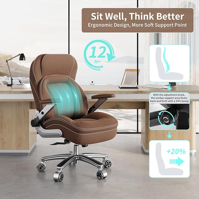 Big and Tall Office Chair, 600lbs Heavy Duty Desk Chair with 5D Arms, Adjustable Lumbar Support & Height, Tilt Function, Fabric High Back Ergonomic Executive Computer Chair with 3'' Casters