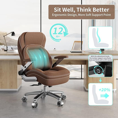 Big and Tall Office Chair, 600lbs Heavy Duty Desk Chair with 5D Arms, Adjustable Lumbar Support & Height, Tilt Function, Fabric High Back Ergonomic Executive Computer Chair with 3'' Casters