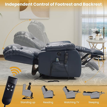 PARKOL Dual Motor Power Lift Recliner Chair for Elderly, 180-Degree Infinite Position Lay Flat Leather Recliner Chairs, with Massage and Heating, USB & Type-C Port and Remote (Dark Blue, Medium)