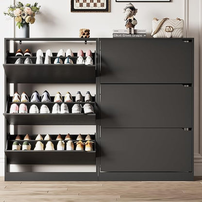 Shoe Storage Cabinet for Entryway with 3 Flip Drawers, Sturdy Wood Hidden Shoe Storage, Freestanding Narrow Slim Shoe Organizer for Front Door Entrance, Living Room, Hallway, Bedroom, Black