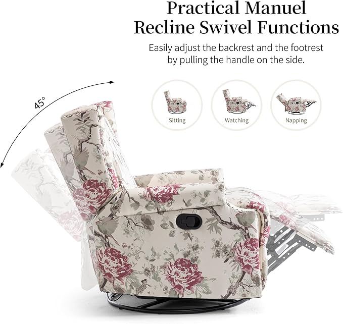 Lumibee Recliner Chairs Set of 2, 360° Swivel Rocker Recliner Chair with Footrest High Back, Comfy Upholstered Glider Rocking Chair for Living Room Bedroom (Plants Floral)