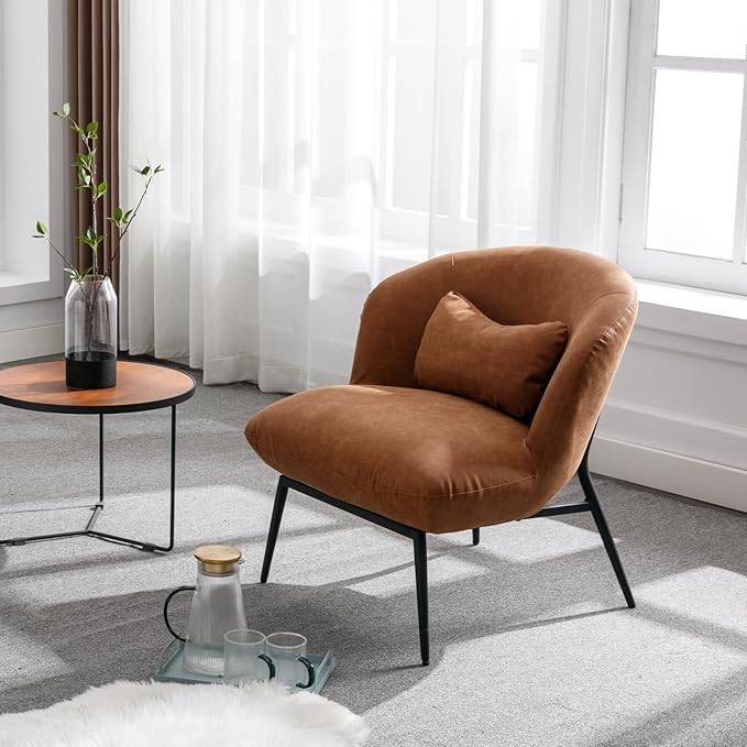 HEAH-YO Modern Accent Chairs Set of 2, Living Room Chairs with Barrel Backrests, Upholstered PU Faux Leather Armless Chairs for Bedroom, Brown