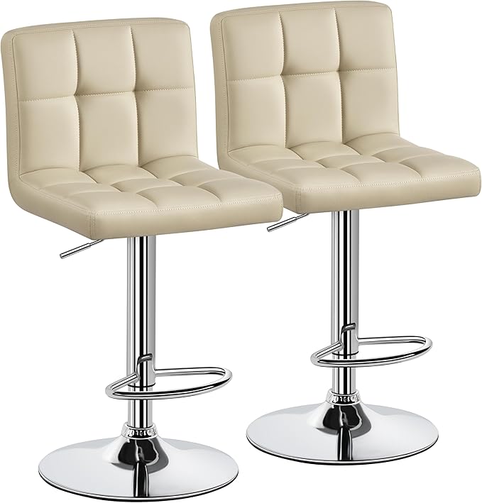 Yaheetech Bar Stools Set of 2, Adjustable PU Leather Swivel Barstools, Modern Counter Stools with Back and Footrest for Bar, Kitchen, Dining Room, Khaki