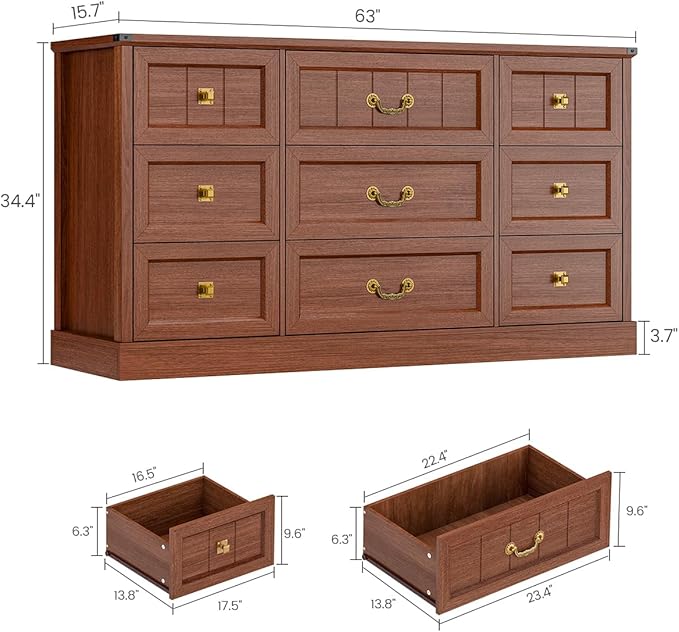 AOGLLATI Farmhouse 9 Drawers Dresser for Bedroom, 63" Wide Wood Rustic Chest of Drawers with Natural Texture, Vintage Design, Long Wide Storage Dresser for Bedroom, Oak Brown