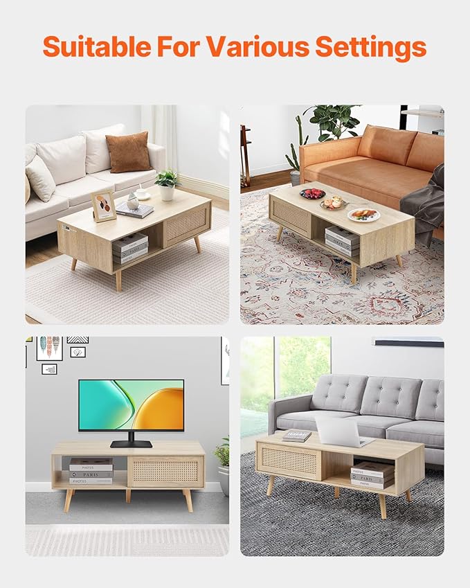 VEVOR Rattan Coffee Table, Mid Century Modern Table, Rectangle Wood Table, 42 Inch Modern Boho Style Two Layers Storage Coffee Table, for Living Room, Bedroom & Small Spaces