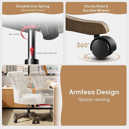 HUIMO Home Office Chair Upholstered Armless Desk Chairs with Wheels Adjustable Height Computer Desk Chair with Wooden Legs Linen Comfortable Swivel for Home Office Study Studio (Beige)